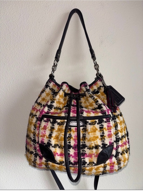 Coach Handbags - Coach Multicolor Tweed Drawstring Hobo with Black Leather Trim